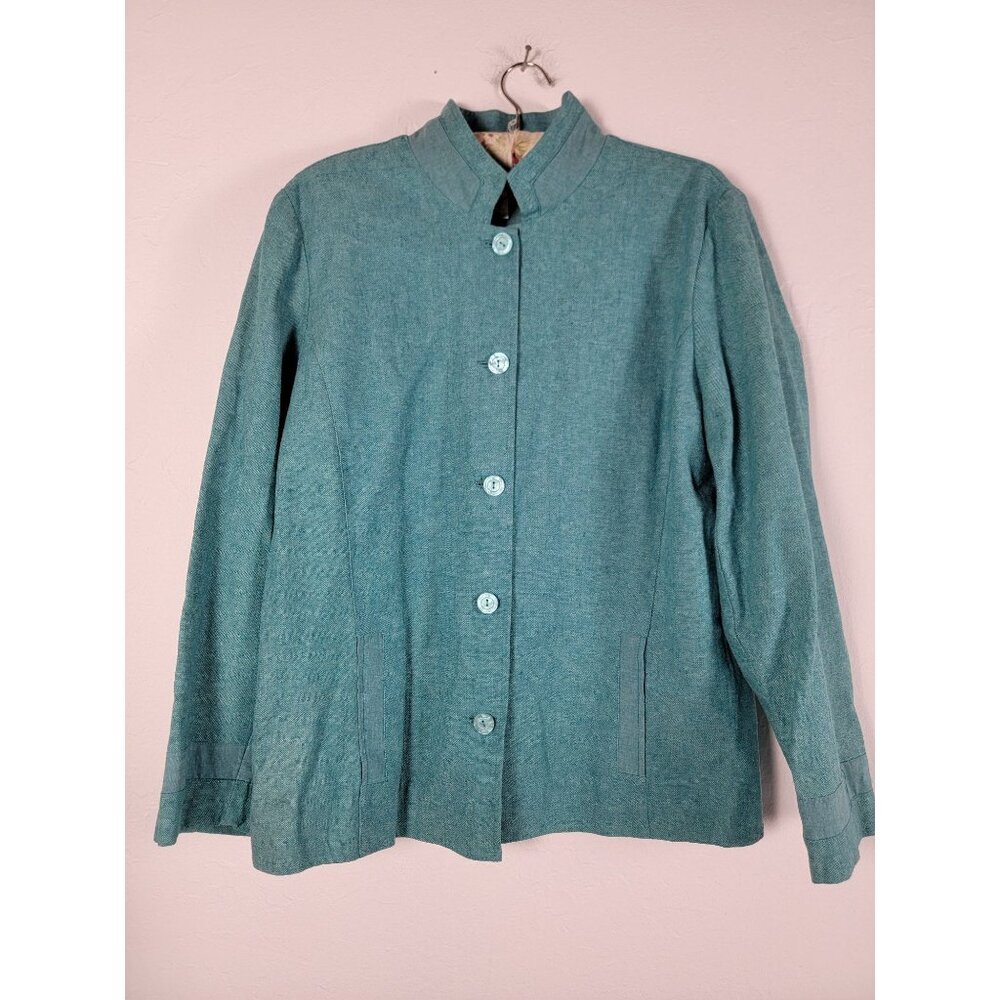 Coldwater Creek Womens 1X Mandarin Collar Jacket Teal Button Front Linen Blend